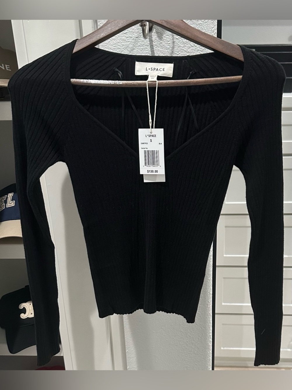 L*Space Black Ribbed V-Neck Long Sleeve Top NWT